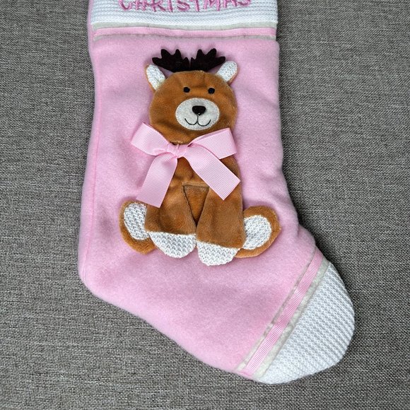 St Nick's Choice Baby's First Christmas Reindeer w/ Bow Stocking Pink - Picture 2 of 8